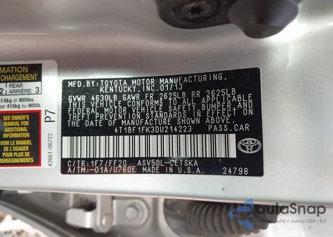2013 Toyota Camry Se z USA, uszkodzony, nr VIN 4T1BF1FK3DU214223